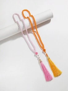 1 件簡約設計彩色流蘇裝飾黑色圓盤形狀手工串珠手鍊,念珠,禮物（流蘇顏色隨機） - 黑色圓片-36cm - 查看 6