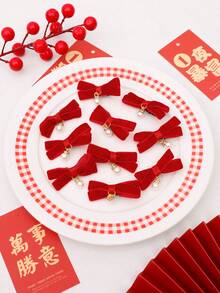 2/10pcs/Bag Sweet Red Velvet Bow & Pearl Decor Hairpins For Daily Wear, Festivals, Dates, Parties, Gatherings And Hair Styling - Red - View 2