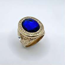 1pc Fashionable Gemstone Inlaid 18k Yellow Gold Plated Ring, Unisex Personalized High-End Jewelry Accessory - Sapphire - View 6