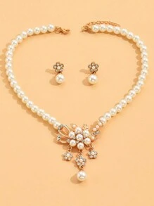 3入組假珍珠吊墜鑲鑽花項鍊套裝配金色耳環，時尚女士珠寶飾品 - 金色 - 查看 5