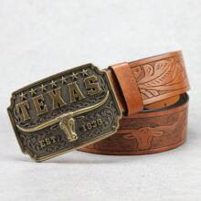 1條3.7cm寬印花腰帶,搭配時尚鍍板扣,時尚復古休閒全配齊,適合年輕成人男女 - 棕色 - 查看 8