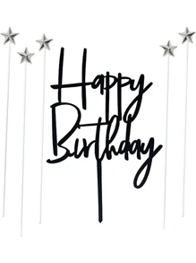 6pcs/Set Black Acrylic Happy Birthday Cake Topper, 5pcs Silver Star Paper Cupcake Toppers, Suitable For Birthday Party And Holiday Decoration