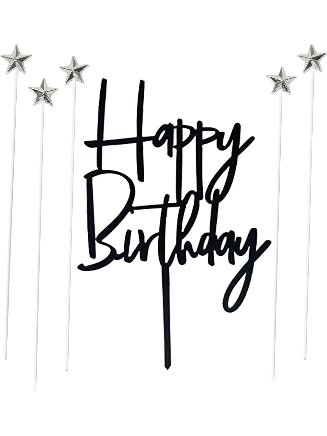 6pcs/Set Black Acrylic Happy Birthday Cake Topper, 5pcs Silver Star Paper Cupcake Toppers, Suitable For Birthday Party And Holiday Decoration