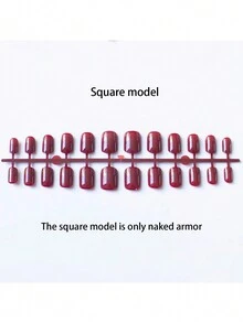 1套/24入歐美風磨損短方形酒紅色實色自黏式假指甲 - 酒紅色 - 查看 5