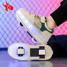 Boys' & Girls' Roller Sneakers With Retractable Wheel, Light Up Wheels, Safe Stabilizer Function For Skating Activities - Khaki - View 2