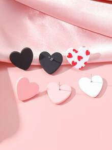 3pairs/Set + 1card Women Valentine's Day Small Heart Printing Romantic Pink Polymer Clay Texture Acrylic Earrings - Multicolor - View 4
