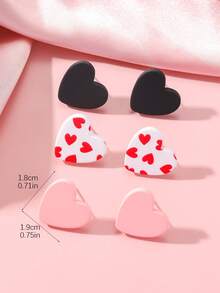 3pairs/Set + 1card Women Valentine's Day Small Heart Printing Romantic Pink Polymer Clay Texture Acrylic Earrings - Multicolor - View 6