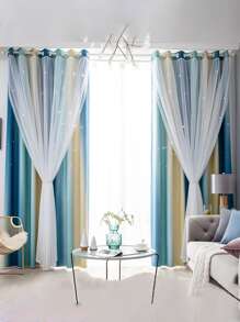 2pc Star Curtains,Bedroom Curtains With 2 Panels Colorful Double Layer Draperie Gradient Rainbow Blackout Curtains Bedroom Living Room Darkening Striped Double Layer Star Cut Home Decor Window Curtains With Gradient Eyelets, Anti-Cold, Blackout Star Curtains For Living Room, Decoration, Soundproofing, Thermal Insulation (100x130cm) - 藍色的 - 查看 11