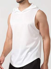 男士速干无袖连帽训练上衣，宽松背心带帽健身服 - 白色 - 查看 3