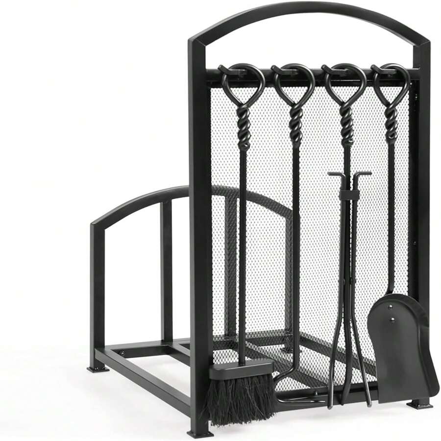 Fireplace Log Holder With 4 Tools, Heavy Duty Metal Firewood Rack, Indoor Outdoor Log Storage Stacking Stand For Fireside Garden Patio - Black - View 1