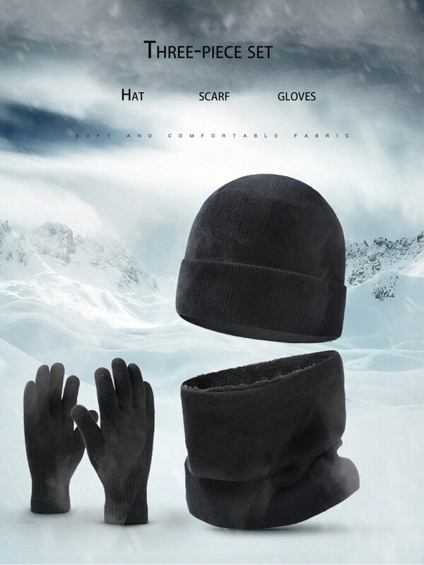 Men'S Winter Hat, Scarf And Gloves ThreePiece Knitted Hat With Wool Thickened Cold Warm Hat