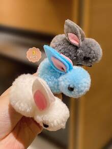 3 件裝兒童彩色可愛卡通毛絨兔子髮夾 - 彩色 - 查看 6