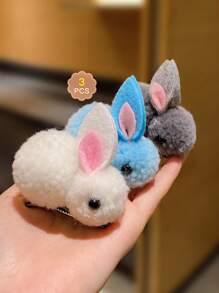 3 件裝兒童彩色可愛卡通毛絨兔子髮夾 - 彩色 - 查看 7