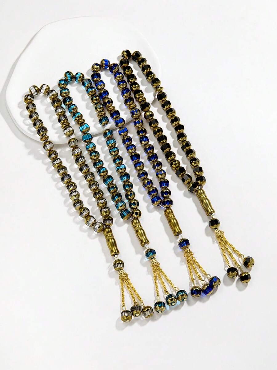 1 件簡約設計彩色流蘇裝飾黑色圓盤形狀手工串珠手鍊,念珠,禮物（流蘇顏色隨機） - 黑色圓片-36cm - 查看 1