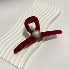 1 件优雅韩式发夹配大珍珠装饰，红色秋冬植绒发爪头饰 - 紅色 - 查看 5