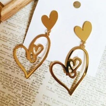 1對時尚極簡主義金色可愛心形垂墜耳環 - 大小桃心 - 查看 8