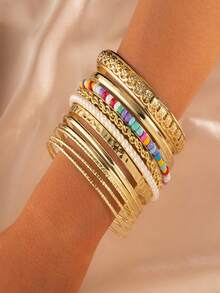 9入組手串配有珍珠、水晶和鑽石裝飾,11入組女士時尚手鍊四款式選擇,是朋友和姐妹的理想禮物 - 三排珍珠手鐲9件套裝 - 查看 2