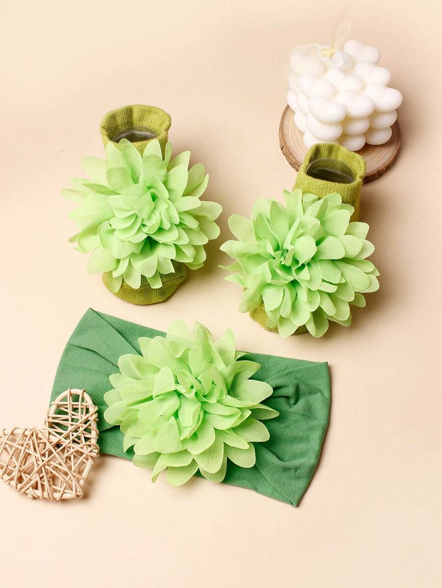 1入時尚花卉嬰兒頭箍和1入嬰兒襪 - 綠色 - 查看 1