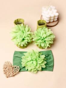1入時尚花卉嬰兒頭箍和1入嬰兒襪 - 綠色 - 查看 3