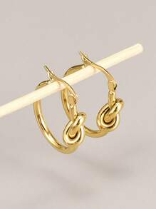 1 对时尚女士绳结圆形耳环，简约百搭的设计，简洁优雅，适合办公室女士，冷色镀金扭结心形耳环，中性风格，适合情侣，适合学校学生的礼物珠宝，甜美酷女孩，优雅的年轻女士和个性化的配套配饰，适合男女日常佩戴 - 金色 - 查看 2