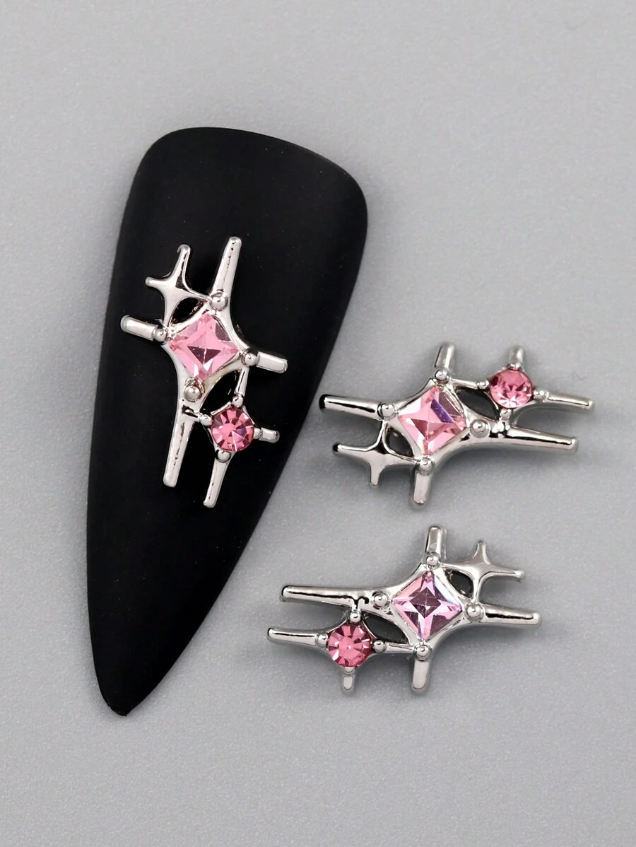 10 件金属美甲配件带水钻装饰，包括星星、心形和行星形状的 DIY 美甲饰品美甲宝石美甲用品 - 粉色 - 查看 1