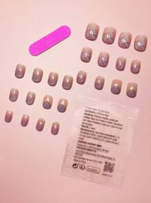 Breng uw levendige lentestijl naar een hoger niveau met 24 stuks korte ovale gradiënt paarse lente schattige kleine bloemmotief Japanse stijl glitter elegante zoete bling parel decor volledige dekking nep-nagelkit druk op nagels nagelbenodigdheden
