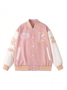 Chaquetas De Béisbol Para Hombres Con Impresión De Letra Y Bloque De Color - Rosa - Ver 1