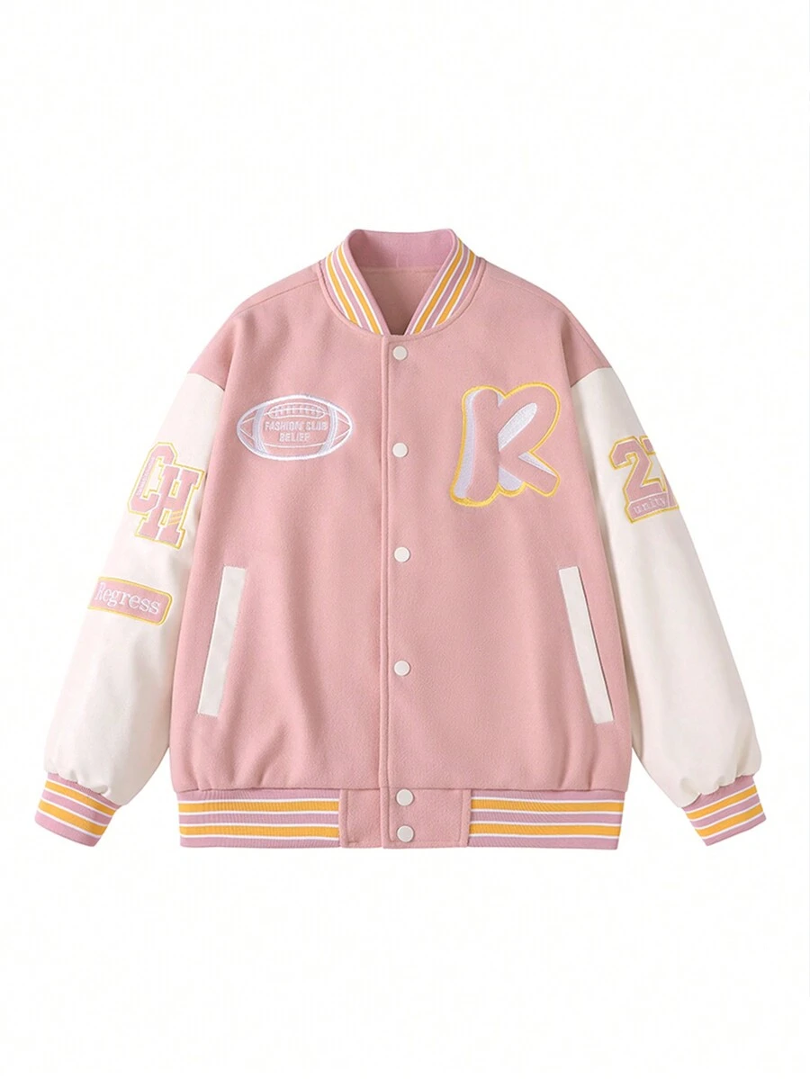 Chaquetas De Béisbol Para Hombres Con Impresión De Letra Y Bloque De Color - Rosa - Ver 1