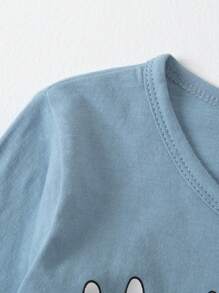 Young Boy Cartoon Letter Print Long Sleeve Top And Plaid Long Pants Lightweight Pajamas Set, Spring & Autumn - Blue - View 4