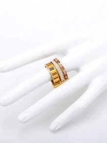 1pc Luxury Stainless Steel & Rhinestone Decorated Roman Numerals & Hollow Out Design Multilayer Ring For Men, Birthday Gift, Rose Gold - Multicolor - View 6