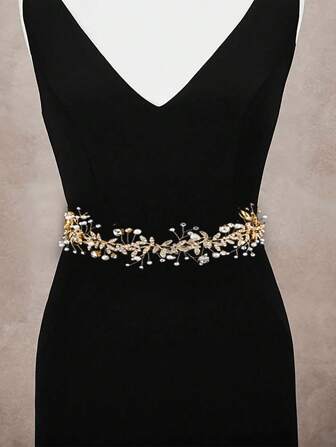 1 pieza Cinturón de cintura hecho a mano de aleación, perla y cristal con diseño de hoja para mujer, para novia, boda, fiesta, etc. Accesorios del Día de San Valentín