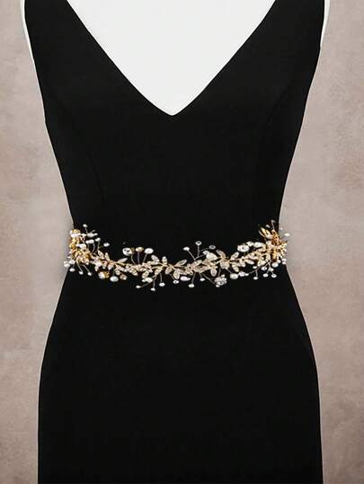 1件女士手工合金叶子、珍珠和水晶腰带，适合新娘、婚礼、派对等场合佩戴，情人节配饰