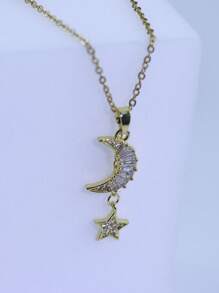 1件時尚的意大利經典設計鈦鋼項鍊,帶鑽石鑲嵌的月亮和星星掛墜以及流蘇,適合女性在聚會、婚禮、派對和日常穿著,也是情人節禮物 - 帶鑽星月流蘇-金色 - 查看 8