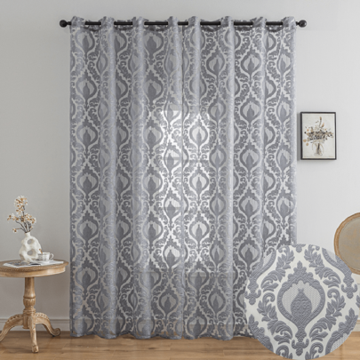 1pc European Style Gray Semi-Transparent Sheer Curtain With Cut-Out Floral Patterns For Home Decoration