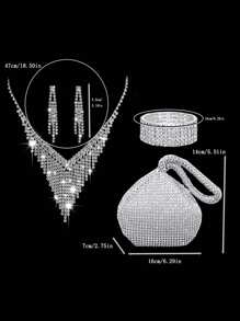 Women's Fashionable Party Rhinestone Decorated Evening Bag, Clutch, Purse With Full Diamond Clasp Chain Fringe Bracelet, Earrings And Necklace 4 In 1 Set For Prom - Silver - View 9