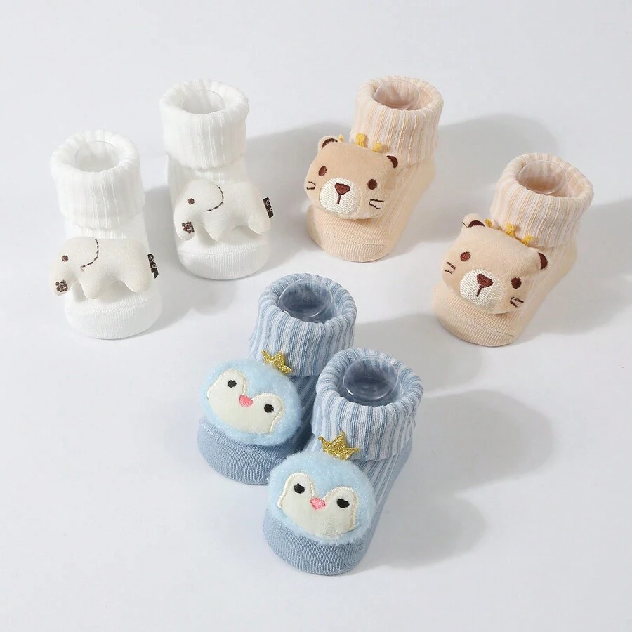 3pairs/Set Cartoon Floor Patterned Baby & Toddler Socks With Plush Toy Design - Multicolor - View 1