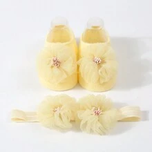 1件實色花裝飾嬰兒頭箍+1對公主防滑學步船襪