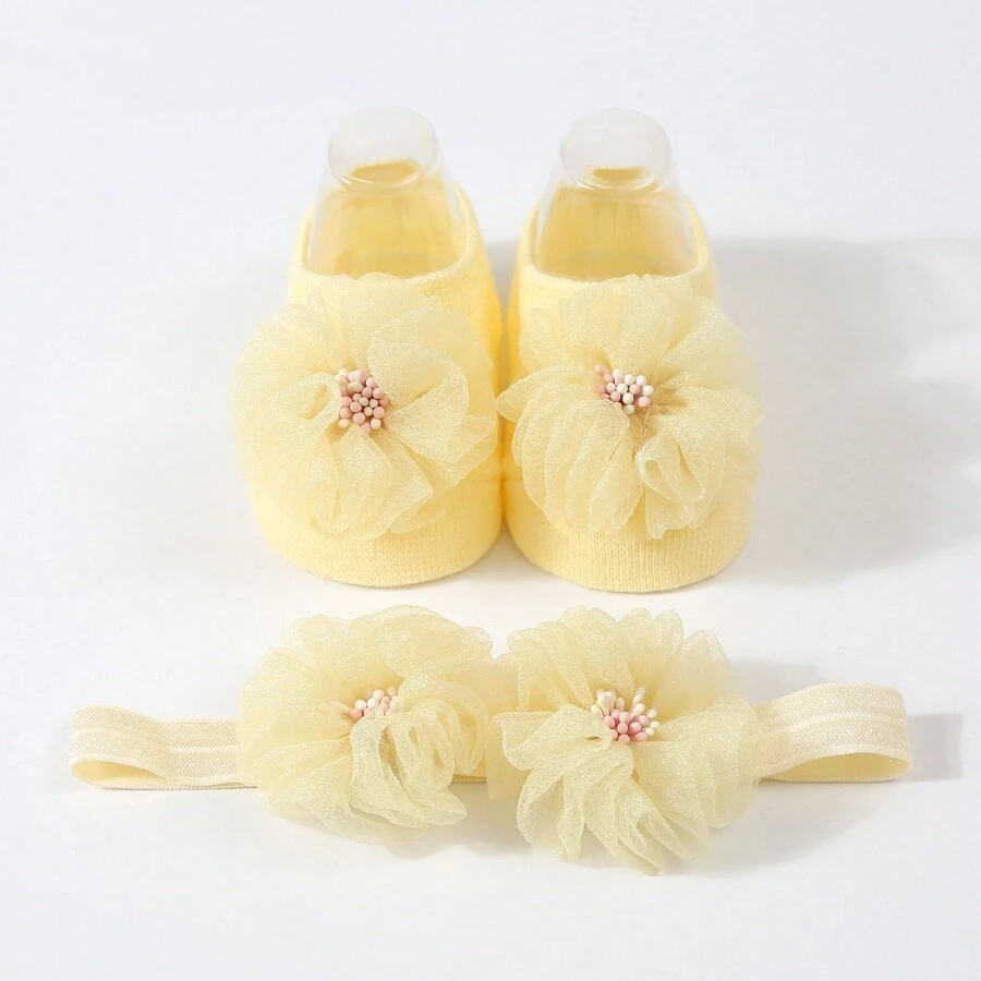 1件實色花裝飾嬰兒頭箍+1對公主防滑學步船襪