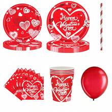 141 件情人節快樂主題派對用品包括：24 個 7 英寸紙盤、24 個 9 英寸紙盤、24 個 13 英寸餐巾紙、24 個 9 盎司紙杯、25 個紅色吸管、20 個紅色氣球和餐具套裝 - 紅色 - 查看 1