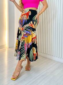 Saia Midi Estampada - preta com folhas nude - Visão 4