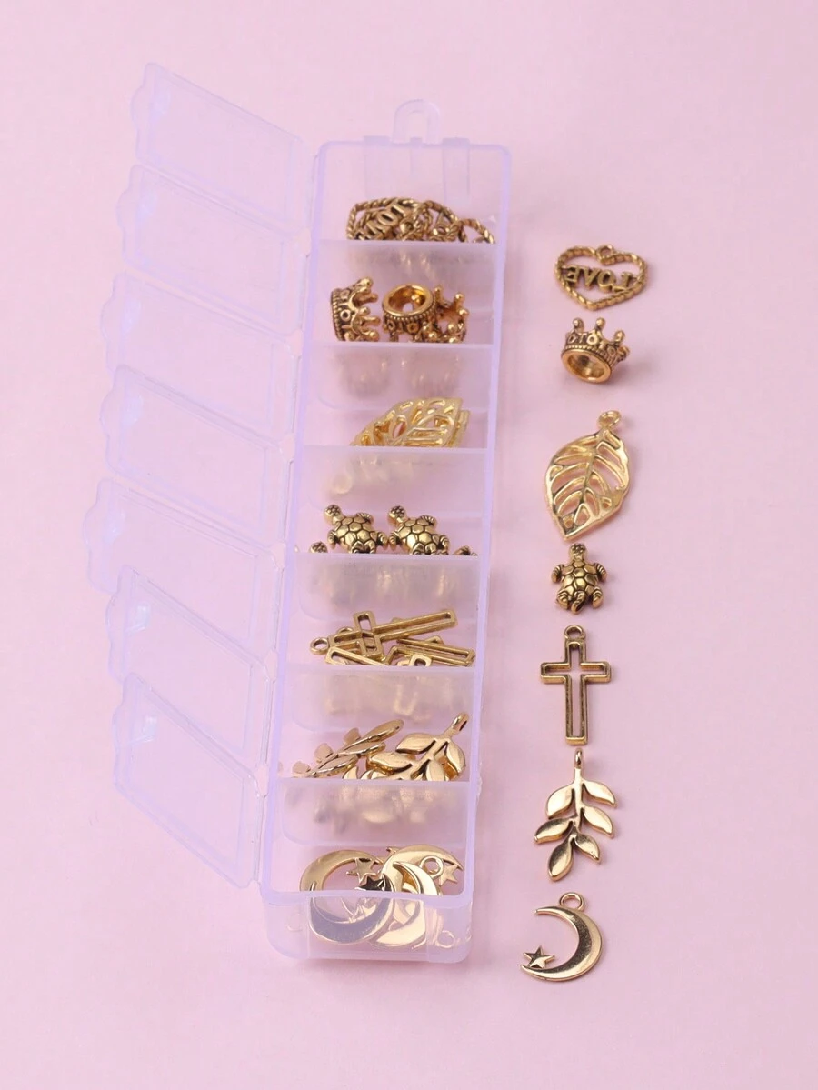 1box Fashionable 3d Zinc Alloy Plated Cross, Turtle, Leaf Shaped Diy Jewelry Making Pendant Set Including Necklace, Earrings, Keychain, Etc. - Yellow Gold - View 1