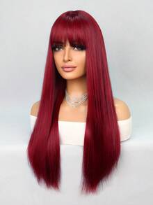 合成耐热假发，带刘海，自然中发际线，26 英寸直发，全机器制造，日常用于女孩女性角色扮演，自然外观，优质合成柔软假发 - 酒紅色 - 查看 5