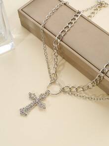 1 Pc Fashionable And Exquisite Rhinestone Cross Pendant Double -Layer Necklace Ladies Daily Life - Silver - View 2