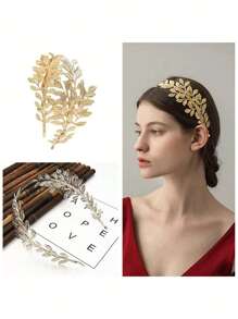 Corona europea y estadounidense de 1 pieza estilo real de metal con hoja y diadema para novia, accesorio para el cabello estilo barroco, diadema con hojas doradas, diadema, aro para el cabello