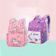 1 Pc Dinosaur Unicorn Leisure And Cute Solid Color Nylon Strap With Unicorn Zipper Top Handheld Shoulder Strap Adjustable Girl Backpack For Back To School&For Daily&For Travel - Pink - View 1
