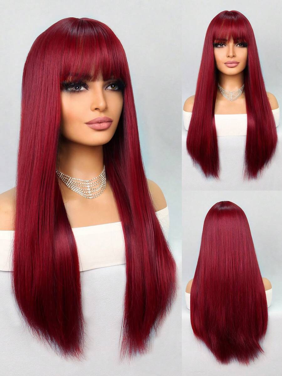 合成耐热假发，带刘海，自然中发际线，26 英寸直发，全机器制造，日常用于女孩女性角色扮演，自然外观，优质合成柔软假发 - 酒紅色 - 查看 1