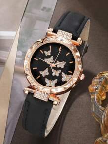 1 件女孩石英表配粉色 PU 皮革表带，时尚钻石几何表盘，1 套 5 件蝴蝶珠宝装饰，适合日常生活