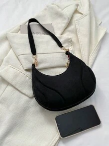 女士冬季凹槽成型毛氈手機化妝品新月包 - 黑色 - 查看 3