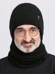 1頂帶裡料黑色針織帽，男女冬季暖毛帽帶耳瓣 - 黑色 - 查看 3