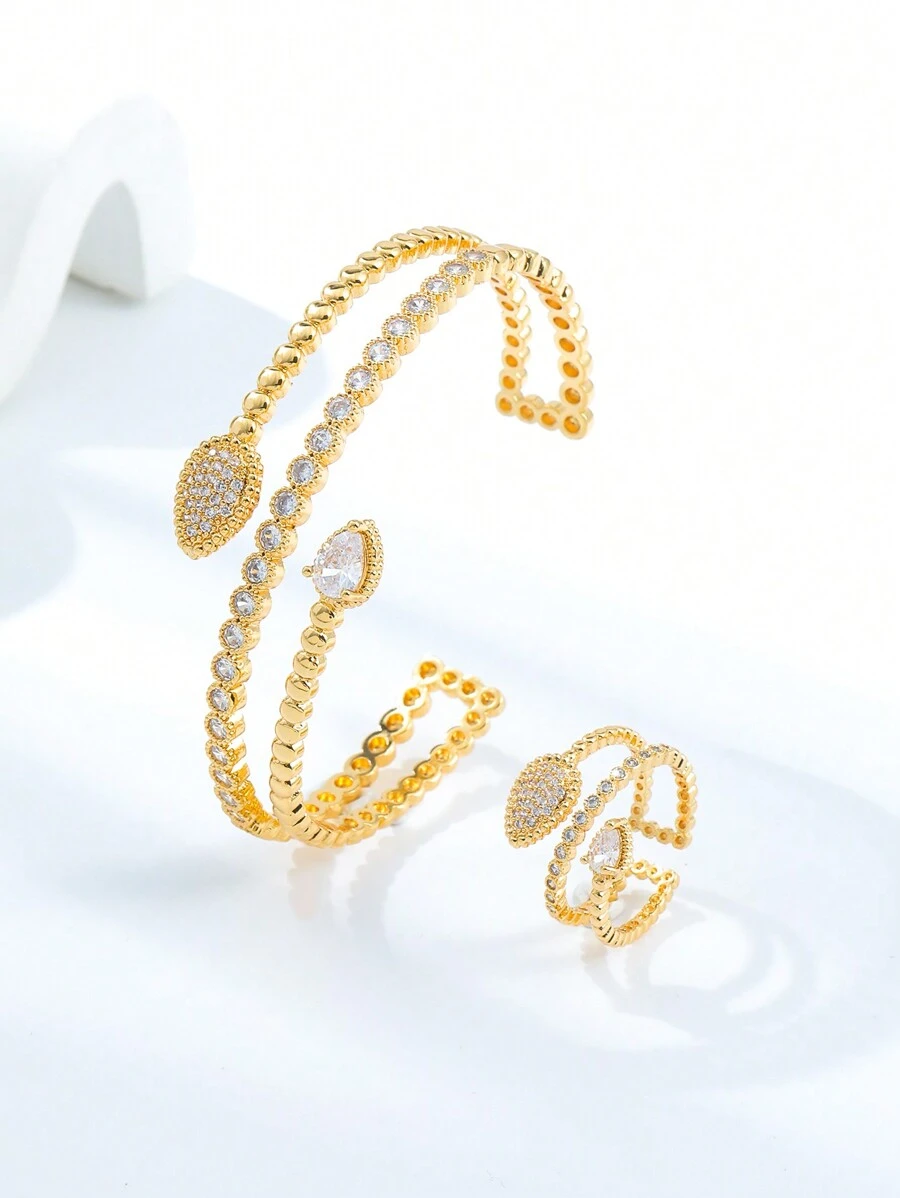 Bộ nhẫn đính đá Cubic Zirconia nhiều lớp phong cách Âu Mỹ - Vàng - Xem 1